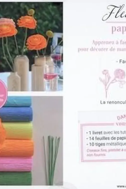 Fleurs de fêtes en papier crépon. 3 fleurs à façonner. Avec 14 feuilles de papier crépon et 10 tiges métalliques, Laura Flavigny