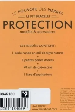 Le kit bracelet protection. Oeil-de-tigre. Avec 1 perle ronde en Oeil-de-tigre naturel, 2 petites perles dorées, 70 cm de coton ciré, 1 livre d'explications, Françoise Vauzeilles