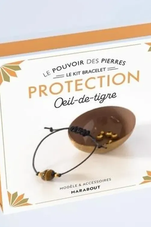 Le kit bracelet protection. Oeil-de-tigre. Avec 1 perle ronde en Oeil-de-tigre naturel, 2 petites perles dorées, 70 cm de coton ciré, 1 livre d'explications, Françoise Vauzeilles